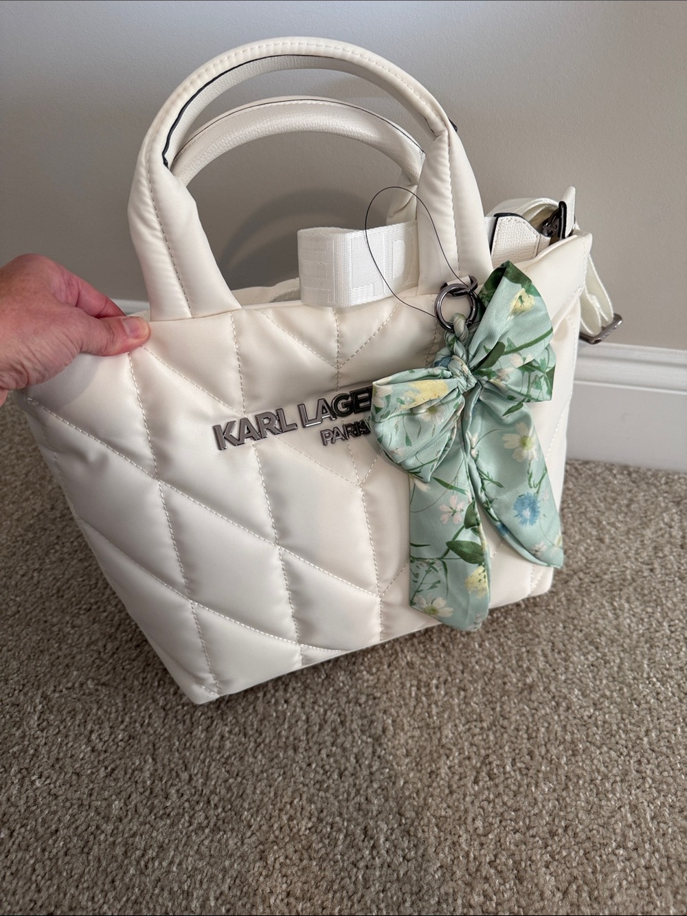 Karl Lagerfeld Cream Quilted Tote with Floral Bow Charm